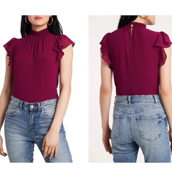 NEW! 1.State Chiffon Flutter Short Sleeve Smocked Mock Neck Blouse Plum Fairy M - Picture 1 of 8